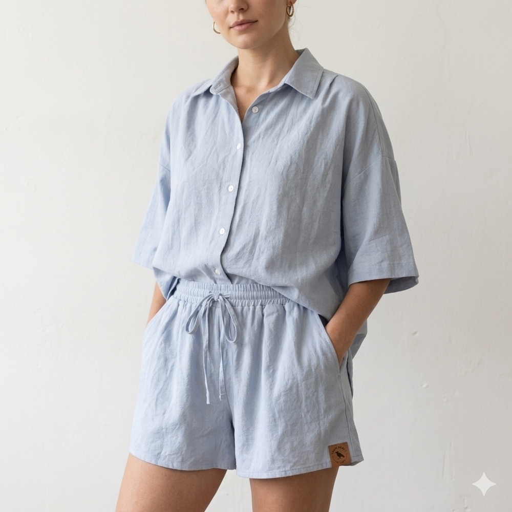 Light Blue 100% Cotton Relaxed Shirt & Shorts Set XL, Resortwear, Beachie, Boho